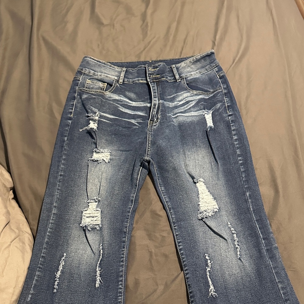 SHEIN Blue Distressed Flare Jeans